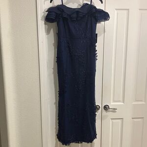 Ruffle Off The Shoulder Floral Lace Gown, 16, Light Navy